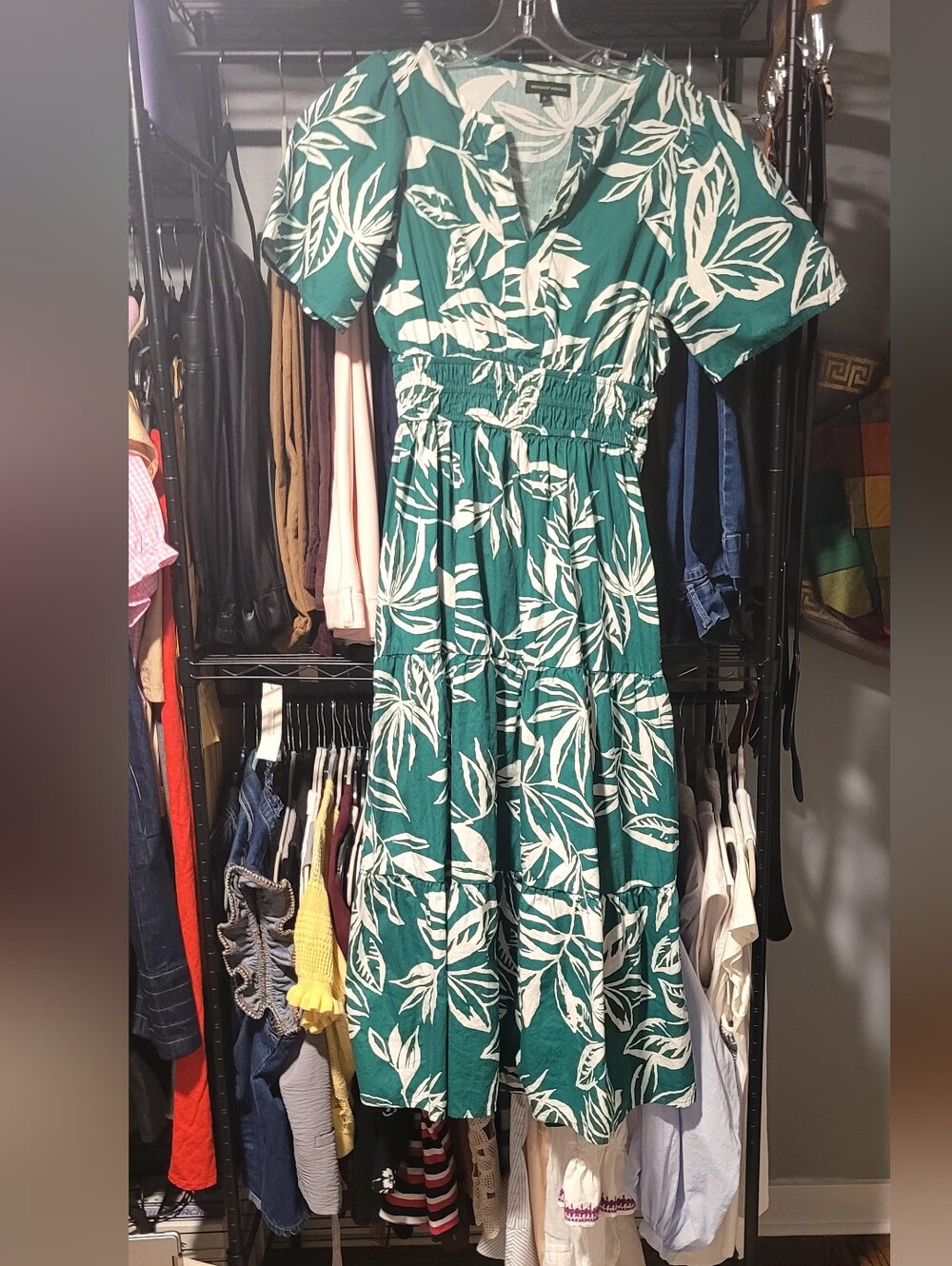 5 For $25 Teal Leaf Print Smocked Waist Midi Dress - Brand: